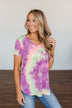 Draw Me Closer Tie Dye V-Neck Top- Pink, Lime, Purple
