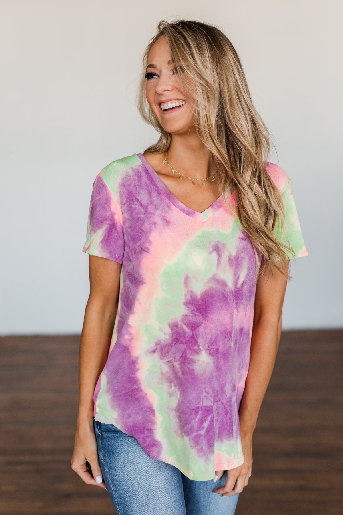Draw Me Closer Tie Dye V-Neck Top- Pink, Lime, Purple