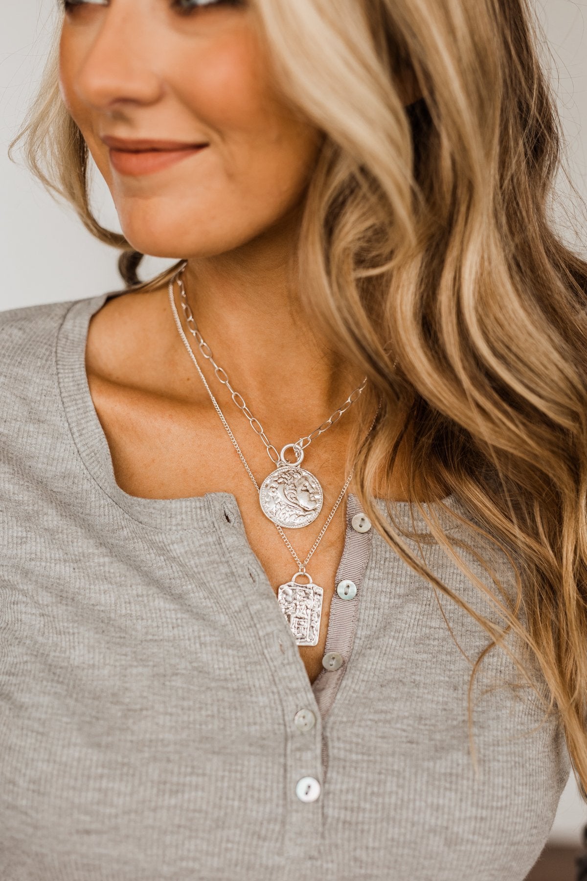 2 Tier Textured Figures Pendant Necklace- Silver