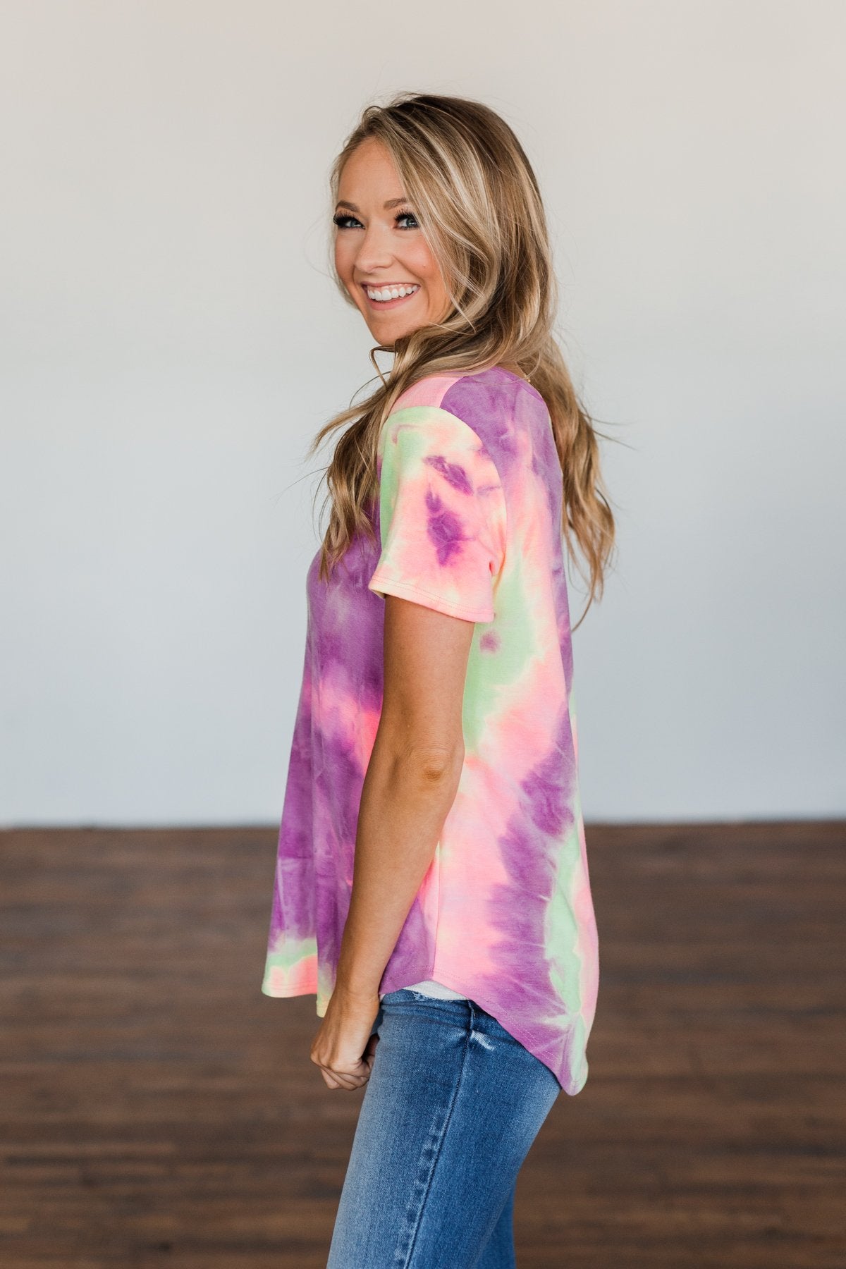 Draw Me Closer Tie Dye V-Neck Top- Pink, Lime, Purple