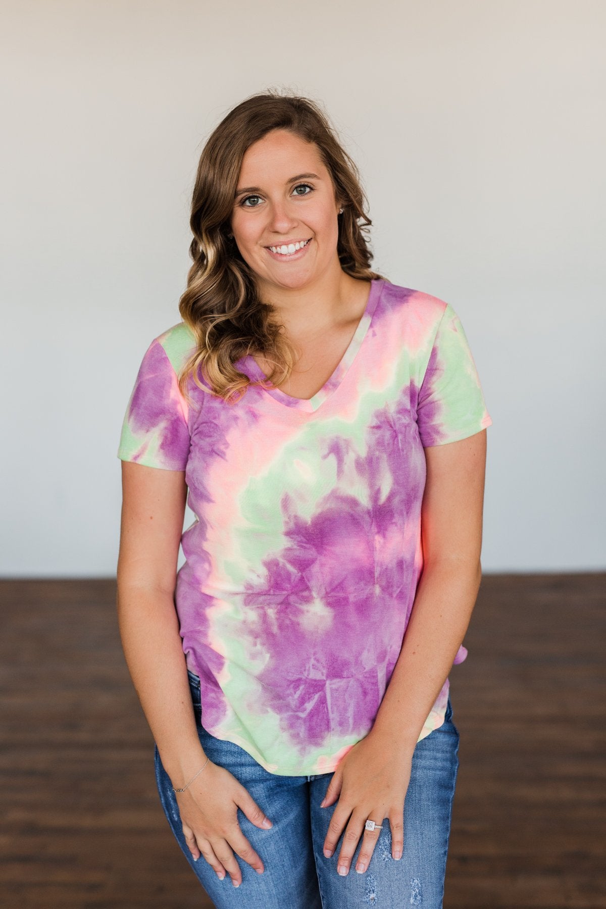 Draw Me Closer Tie Dye V-Neck Top- Pink, Lime, Purple