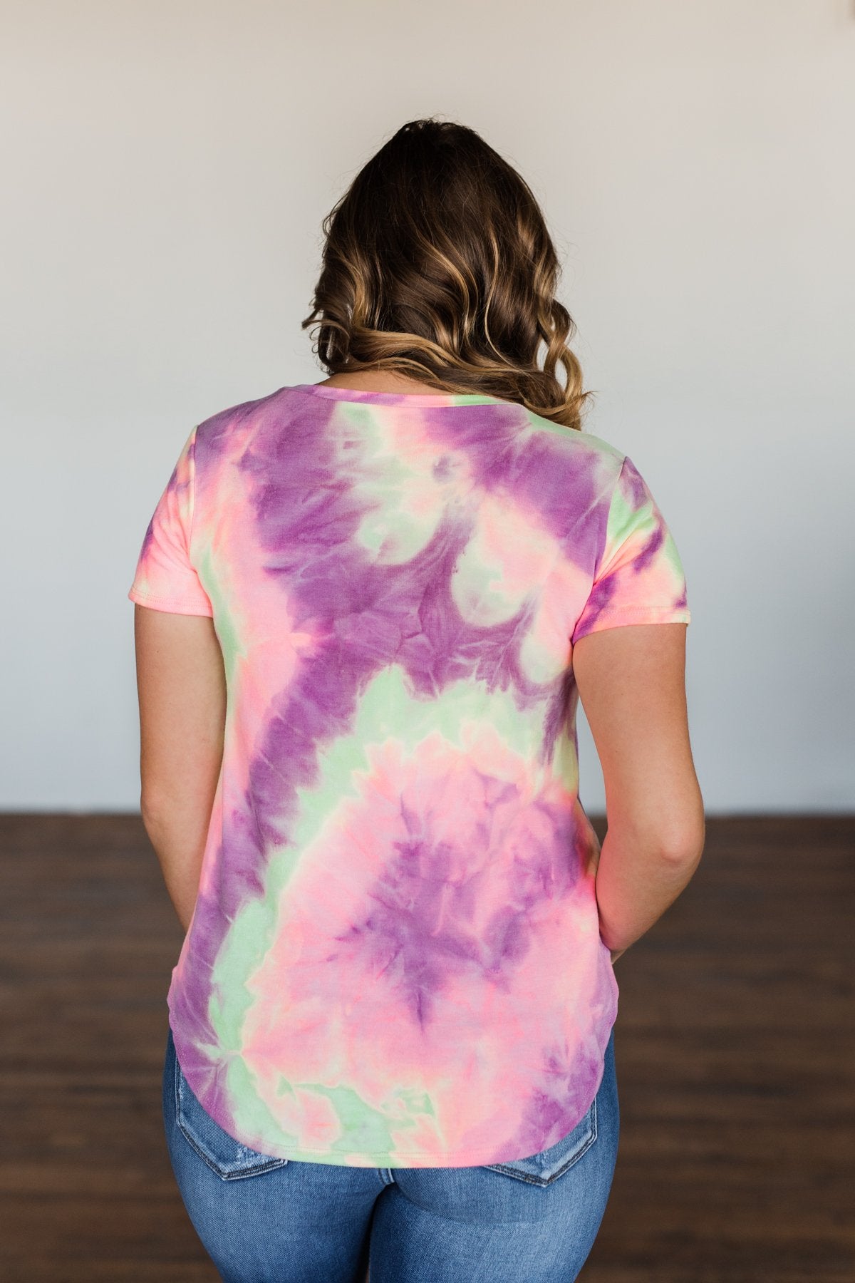 Draw Me Closer Tie Dye V-Neck Top- Pink, Lime, Purple