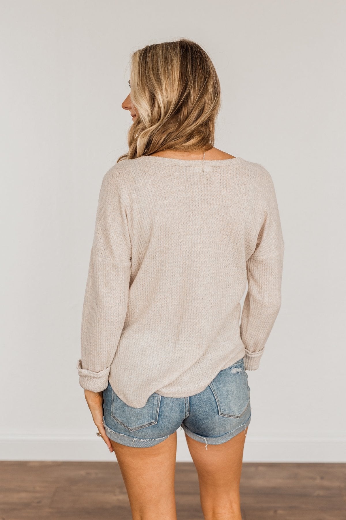 Happy Harvest Waffle Knit Button Top- Oatmeal