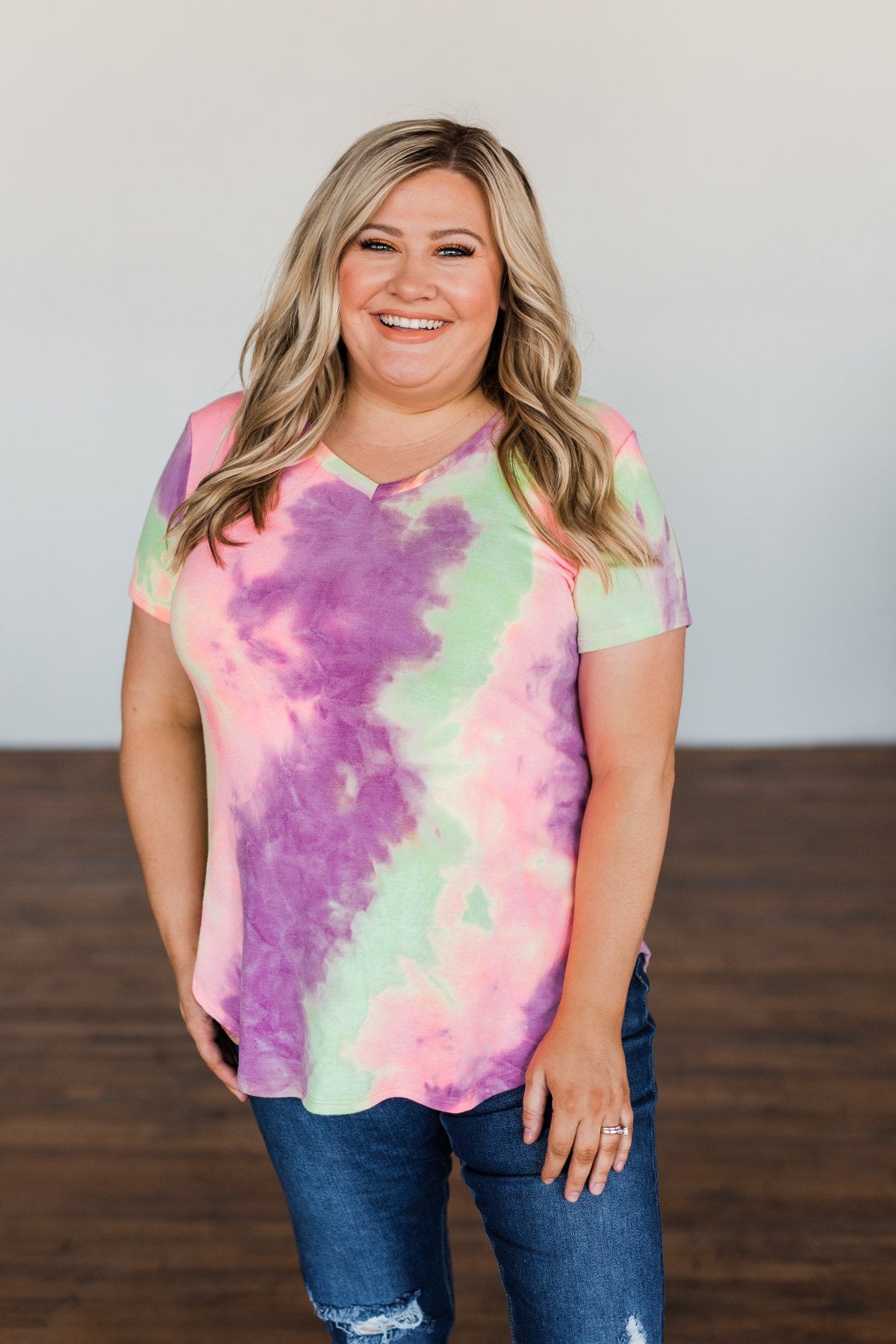 Draw Me Closer Tie Dye V-Neck Top- Pink, Lime, Purple