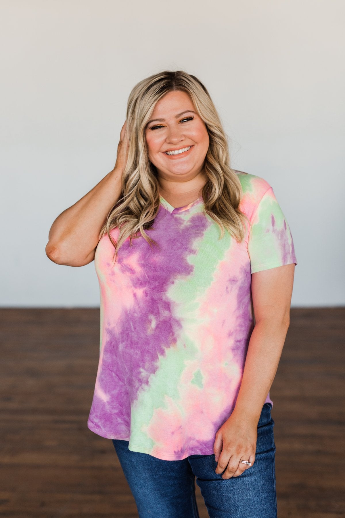 Draw Me Closer Tie Dye V-Neck Top- Pink, Lime, Purple