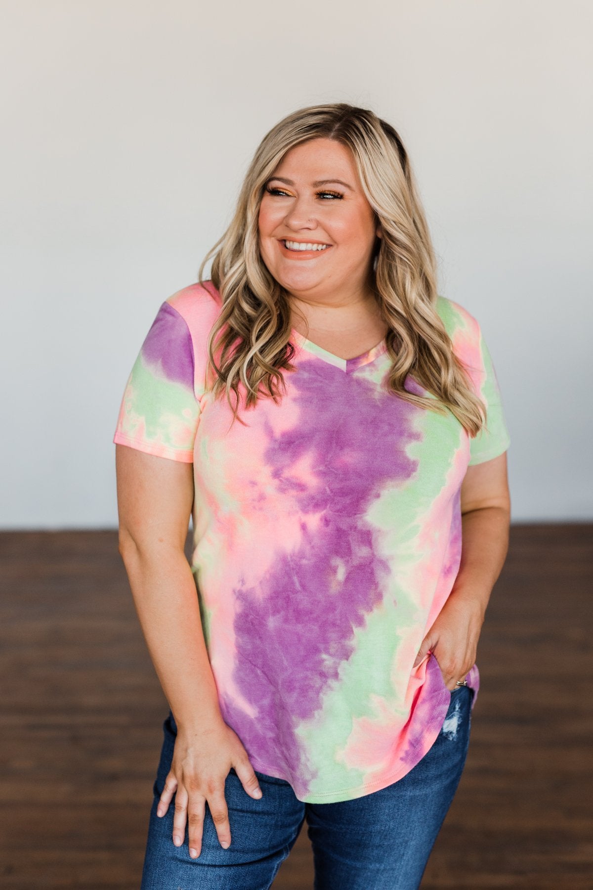 Draw Me Closer Tie Dye V-Neck Top- Pink, Lime, Purple