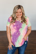 Draw Me Closer Tie Dye V-Neck Top- Pink, Lime, Purple