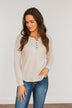 Happy Harvest Waffle Knit Button Top- Oatmeal