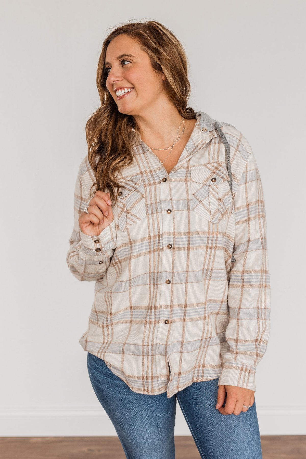Autumn Is Calling Hooded Plaid Top- Oatmeal, Taupe, & Blue