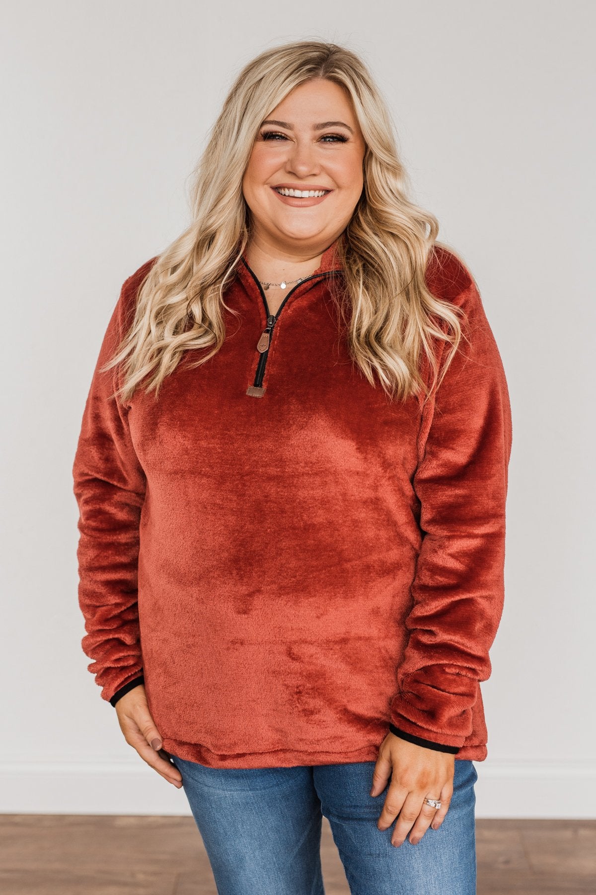 Lean A Little Closer Quarter Zip Sherpa- Rust – The Pulse Boutique