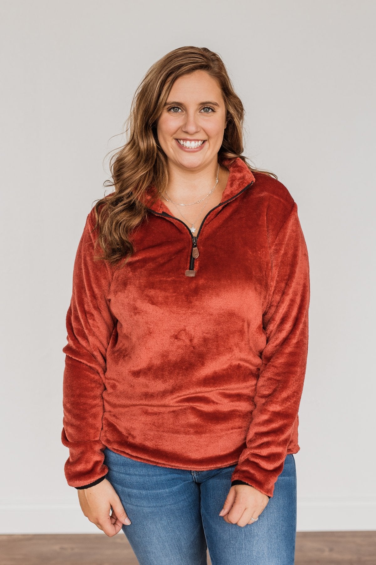 Lean A Little Closer Quarter Zip Sherpa- Rust – The Pulse Boutique