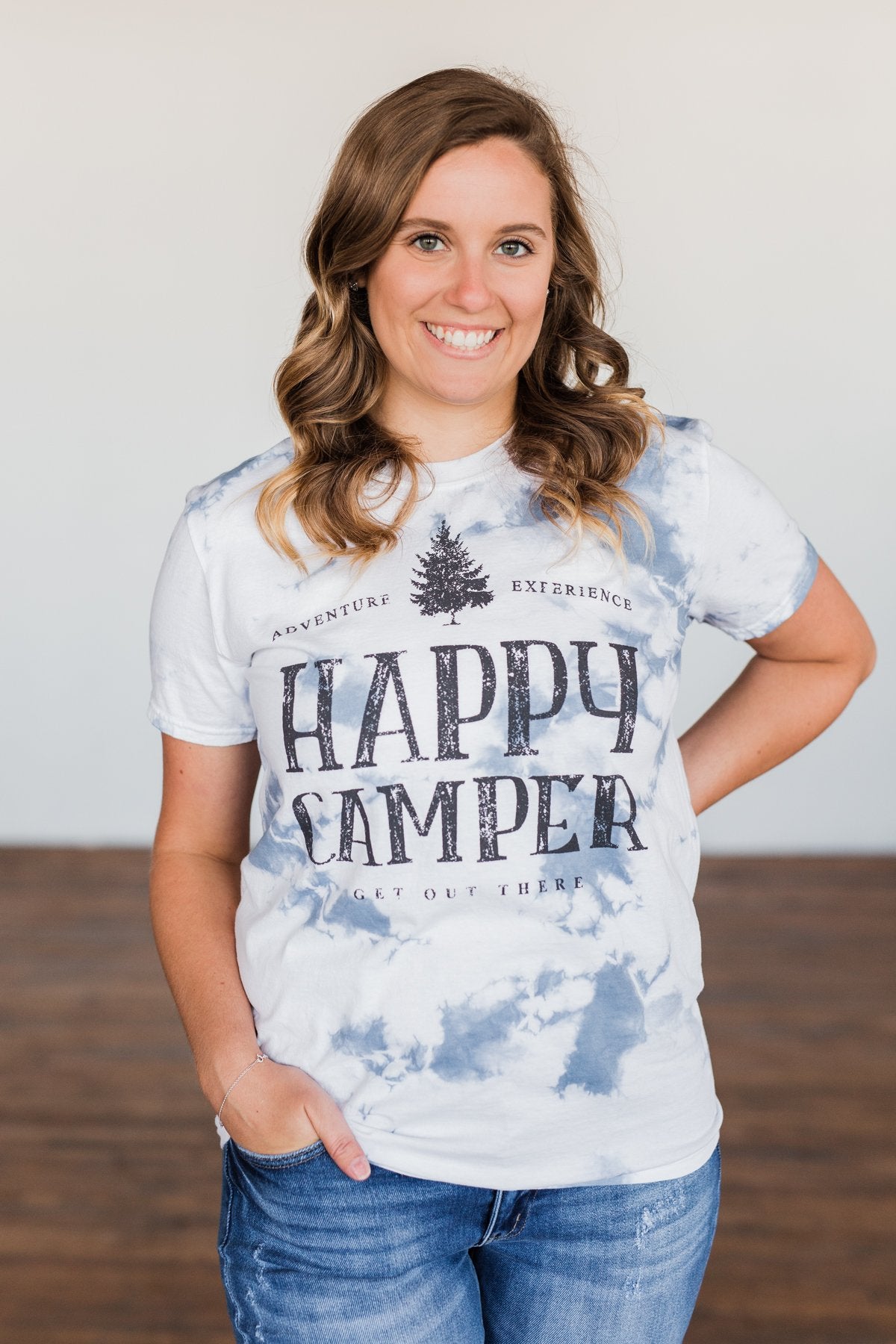 "Happy Camper" Tie Dye Graphic Tee- Navy & Ivory