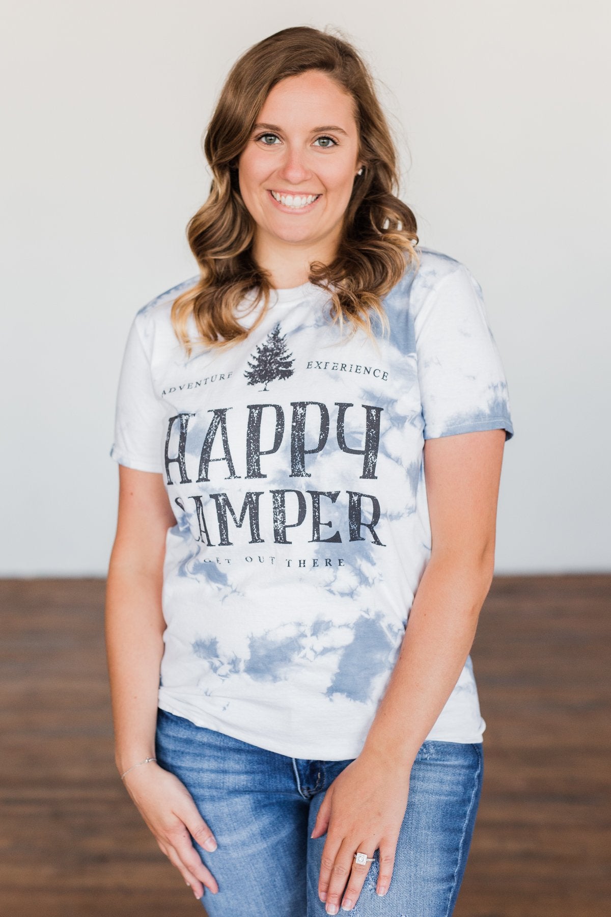 "Happy Camper" Tie Dye Graphic Tee- Navy & Ivory