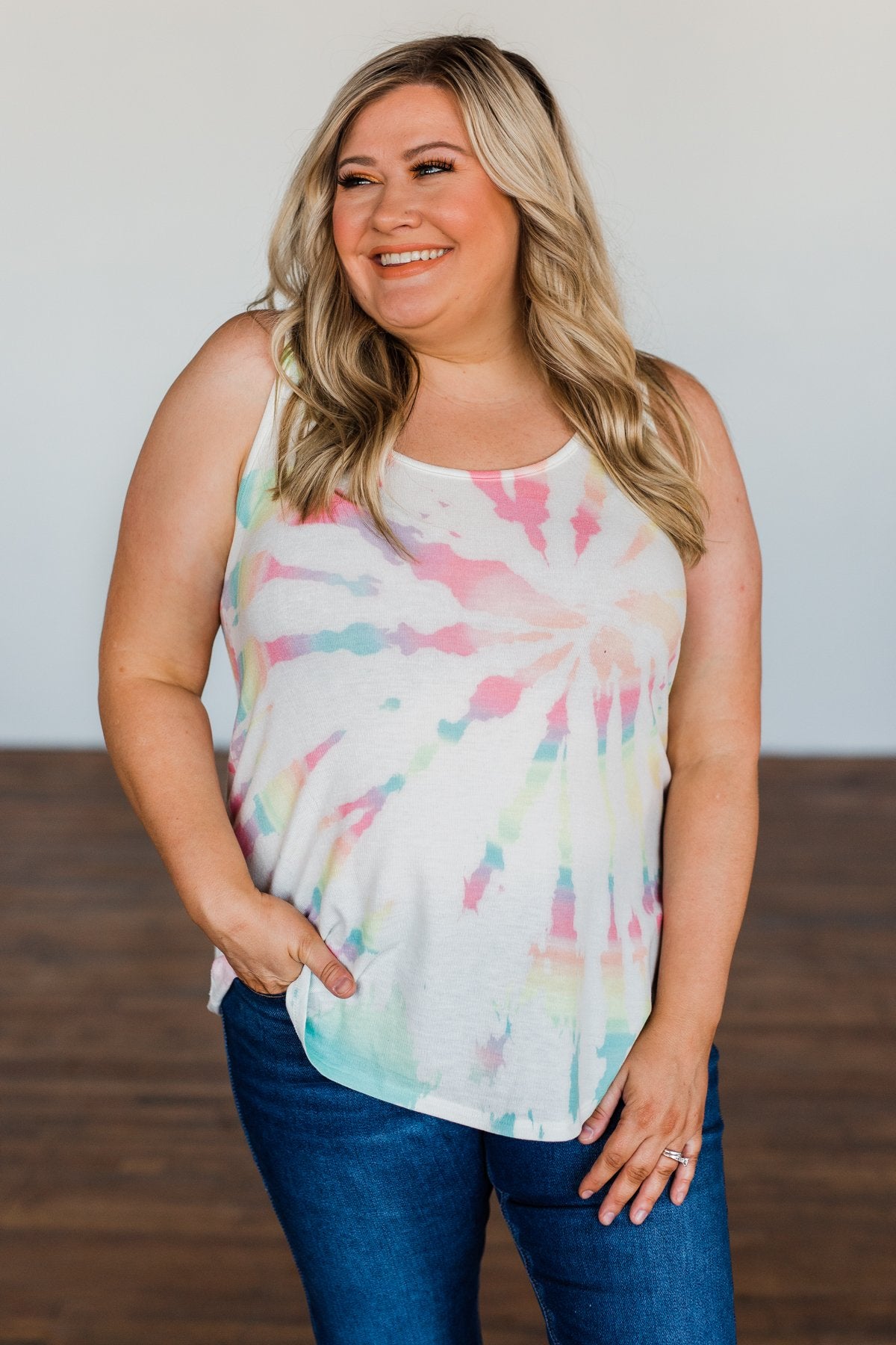 Dancing On My Own Tie Dye Tank Top- Ivory & Multi-Color