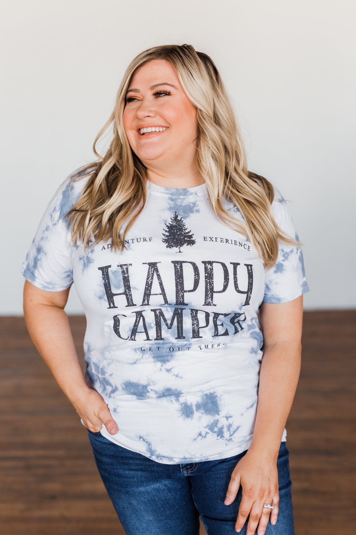 "Happy Camper" Tie Dye Graphic Tee- Navy & Ivory