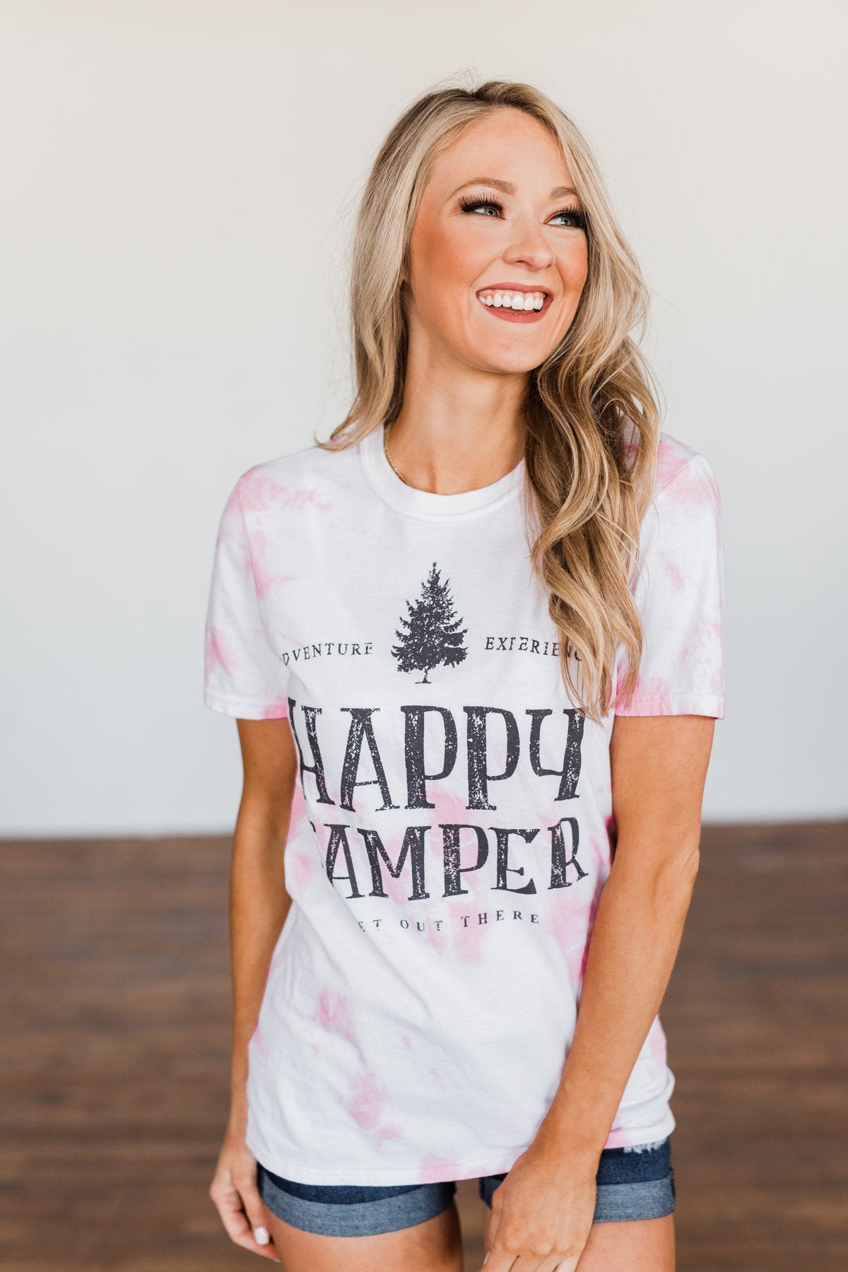 "Happy Camper" Tie Dye Graphic Tee- Pink & Ivory