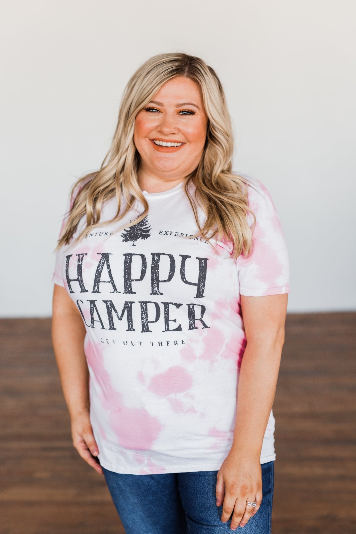 "Happy Camper" Tie Dye Graphic Tee- Pink & Ivory