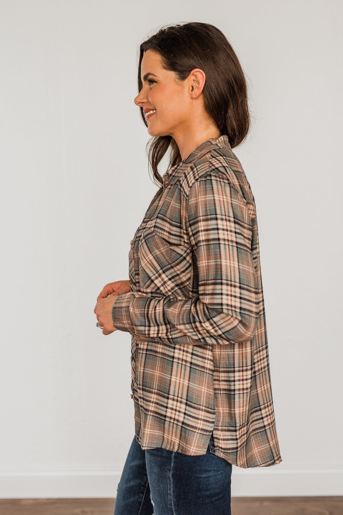 Fall Into The Season Button Plaid Top- Dusty Teal, Mocha, & Oatmeal
