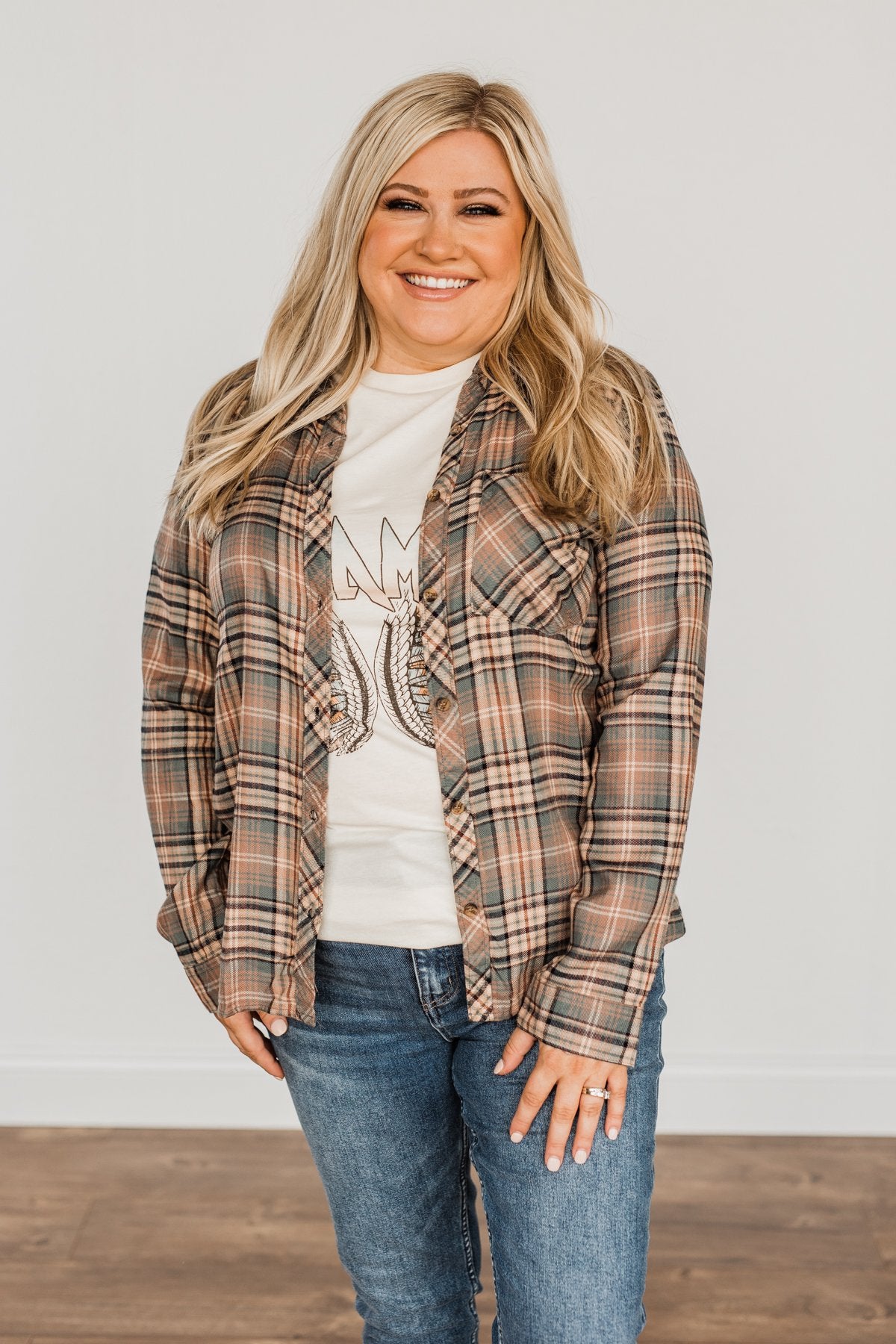 Fall Into The Season Button Plaid Top- Dusty Teal, Mocha, & Oatmeal