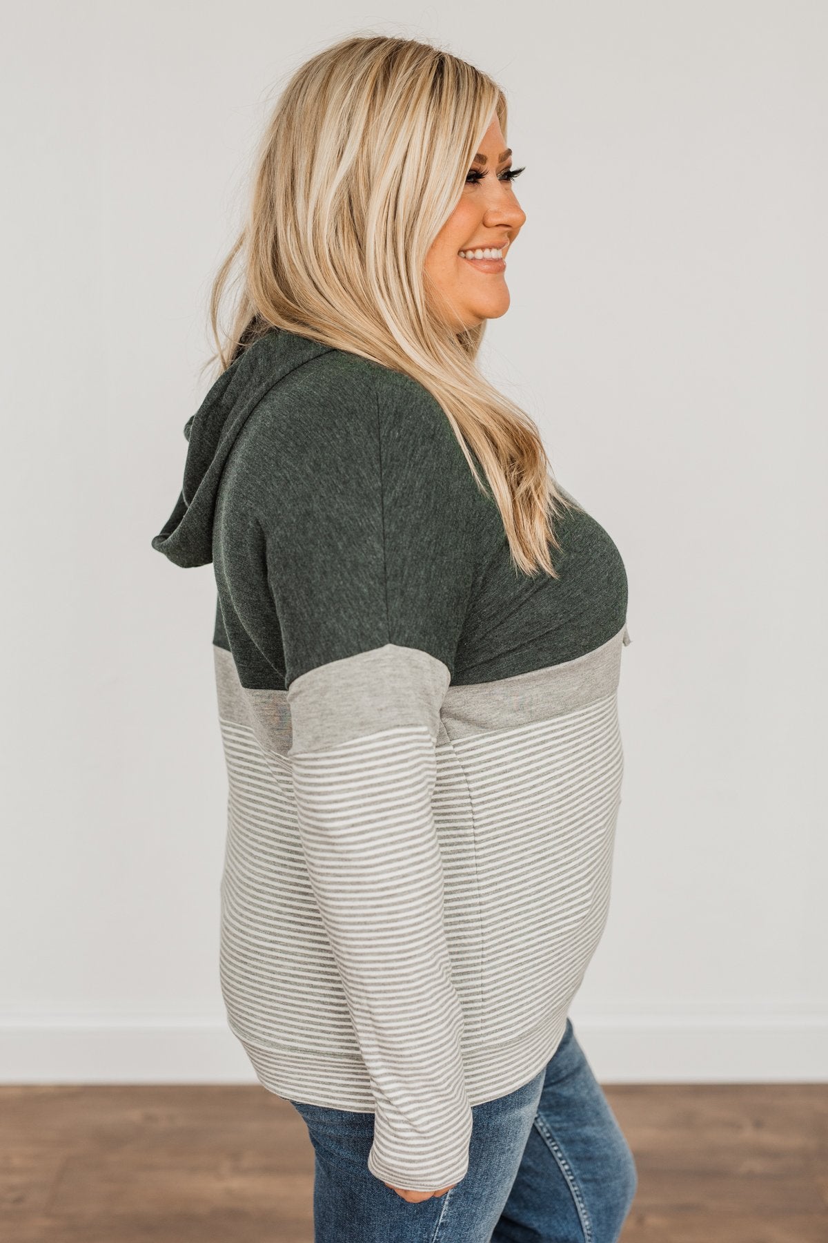 Sweet Splendor Color Block Drawstring Hoodie- Forest Green & Grey
