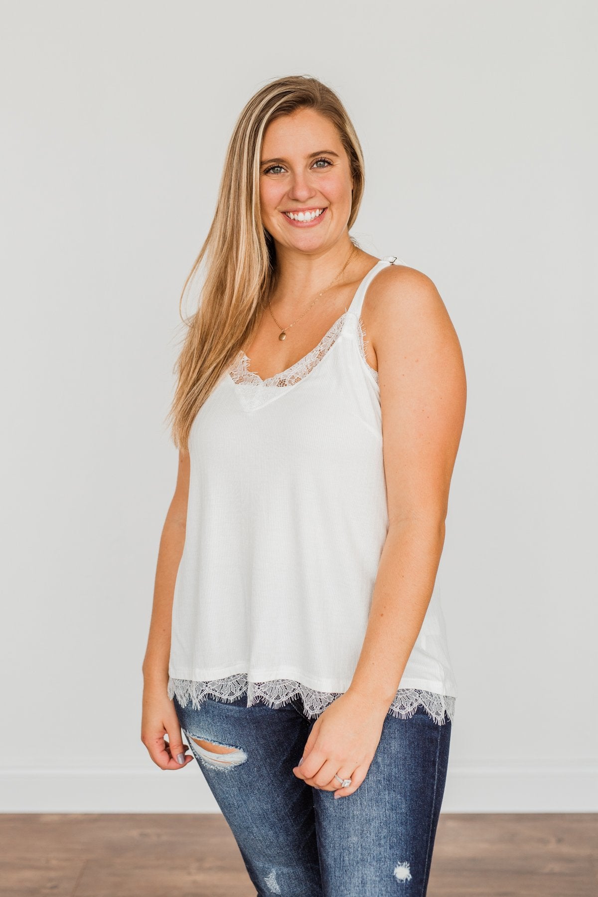 Think Like A Queen Lace Trimmed Tank Top- Off-White
