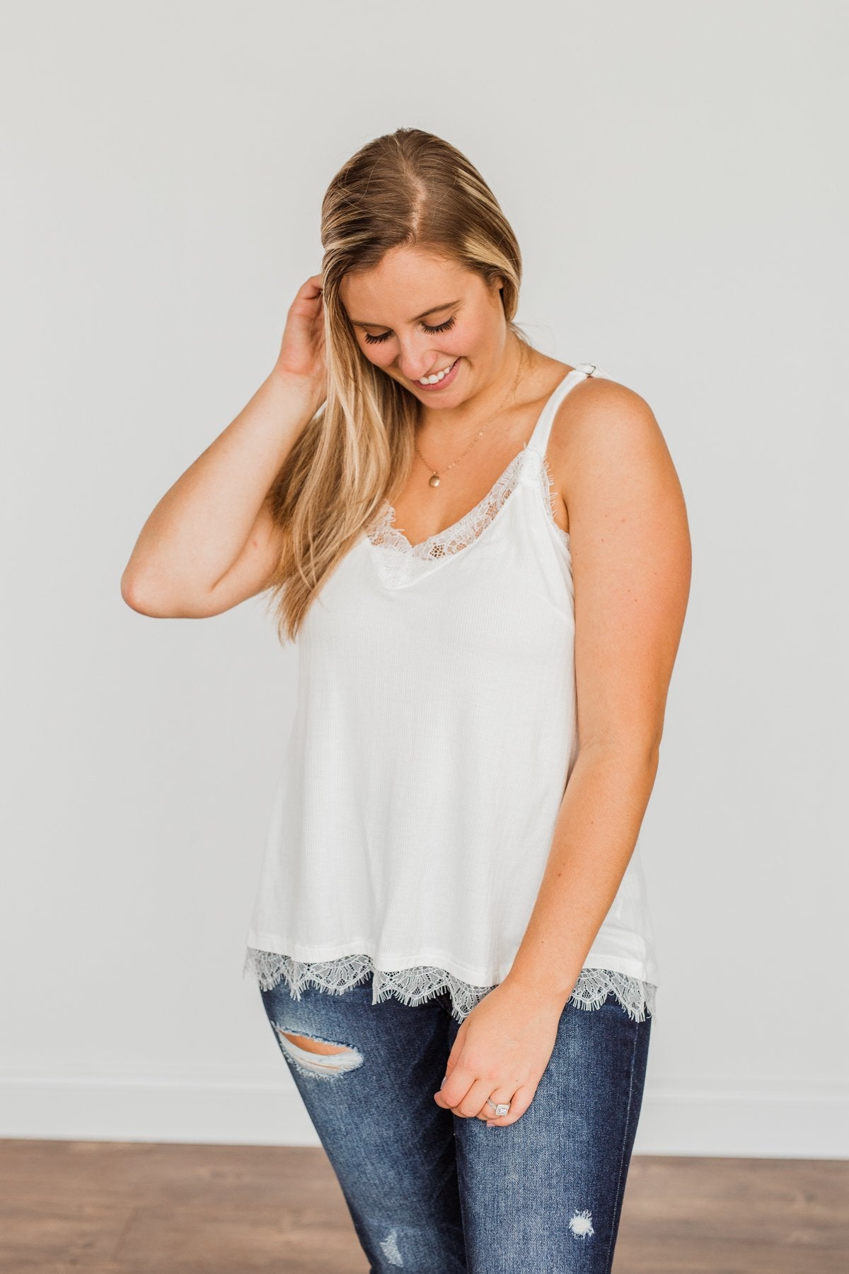 Think Like A Queen Lace Trimmed Tank Top- Off-White