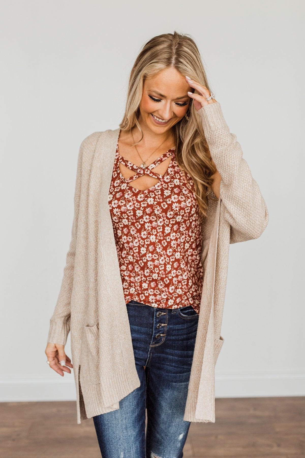 Oatmeal cardigan outfit sale