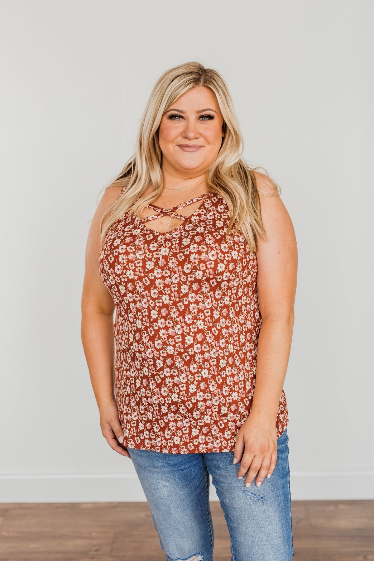 Like A Summer Breeze Floral Criss-Cross Tank- Rust