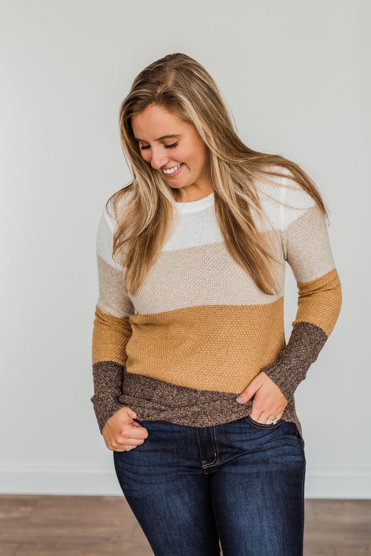 All About Autumn Color Block Knit Sweater- Camel & Oatmeal