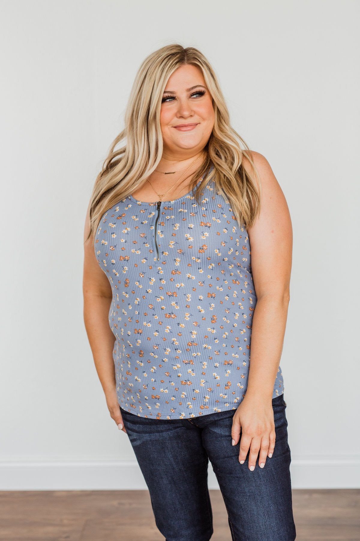 Everlasting Moments Floral Zipper Henley Tank Top- Denim Blue