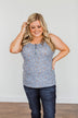 Everlasting Moments Floral Zipper Henley Tank Top- Denim Blue