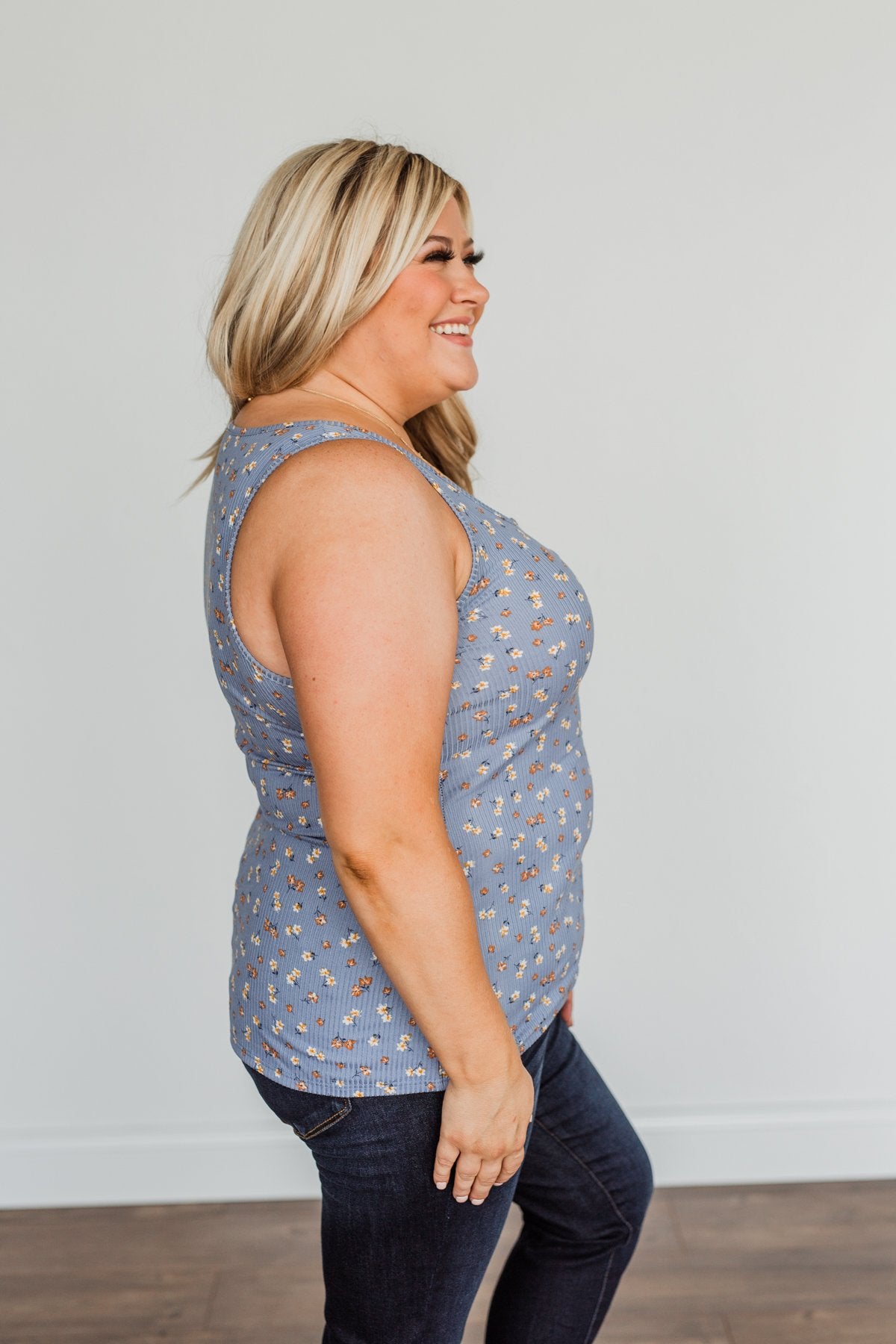 Everlasting Moments Floral Zipper Henley Tank Top- Denim Blue