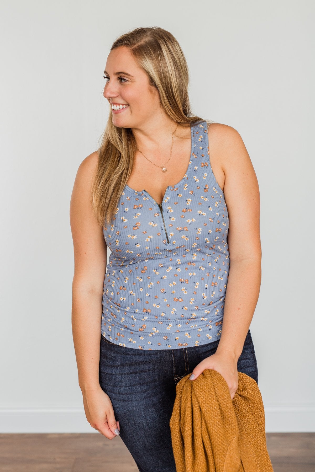 Everlasting Moments Floral Zipper Henley Tank Top- Denim Blue