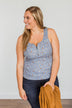Everlasting Moments Floral Zipper Henley Tank Top- Denim Blue