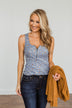 Everlasting Moments Floral Zipper Henley Tank Top- Denim Blue