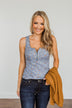 Everlasting Moments Floral Zipper Henley Tank Top- Denim Blue