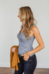 Everlasting Moments Floral Zipper Henley Tank Top- Denim Blue