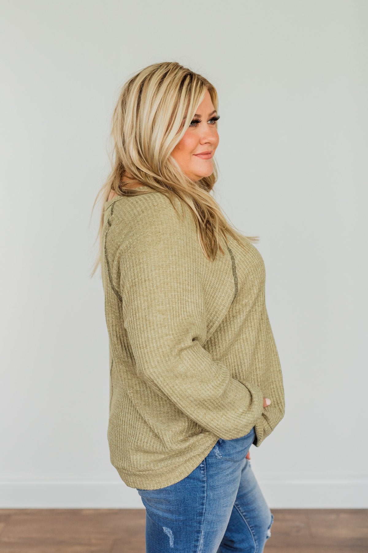 How It Goes Waffle Knit Top- Olive