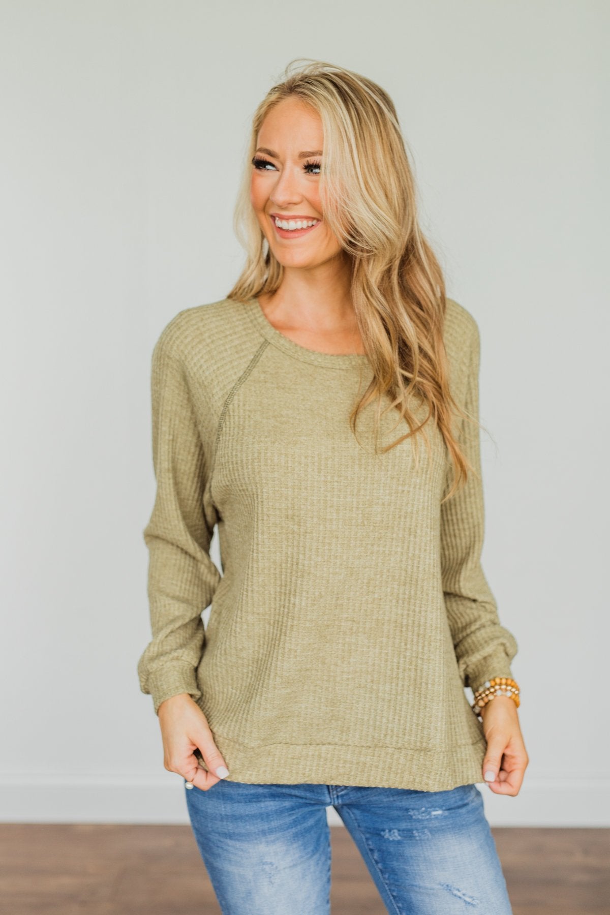 How It Goes Waffle Knit Top- Olive