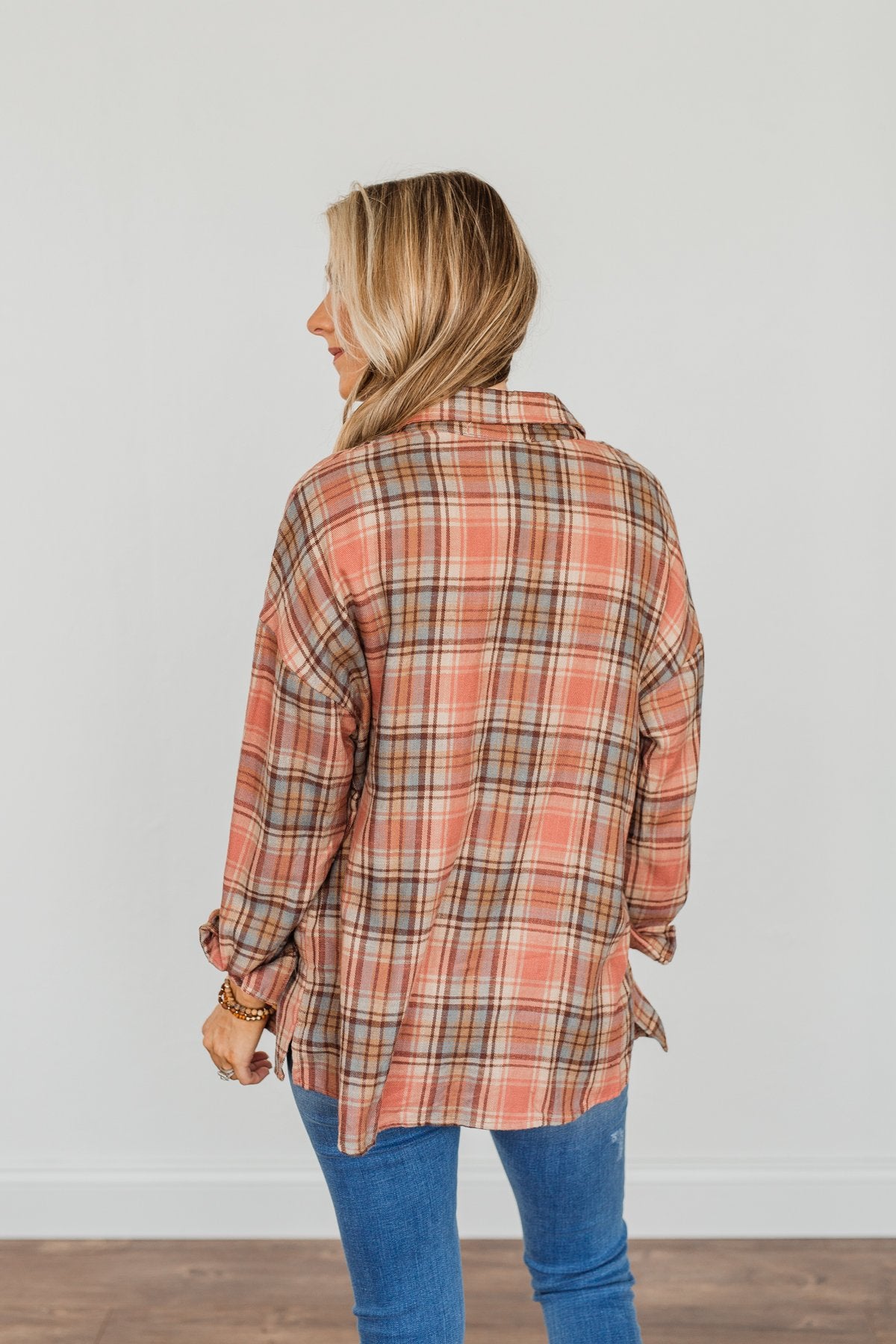 All The Fall Things Plaid Button Top- Dusty Pink, Blue, & Brown