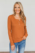 Rise To The Top Long Sleeve Henley Top- Dark Camel