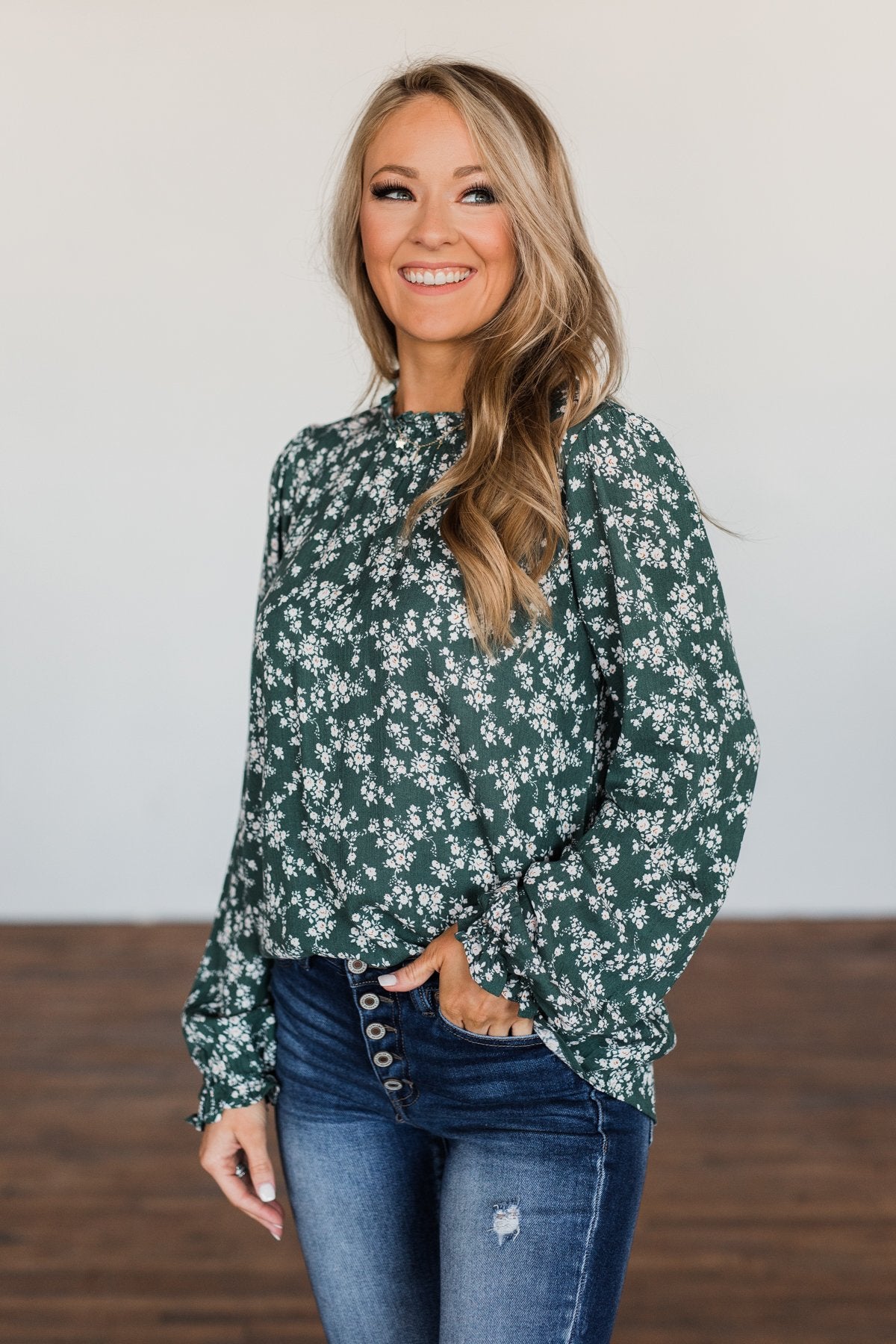 High Standards Floral Ruffle Blouse- Forest Green