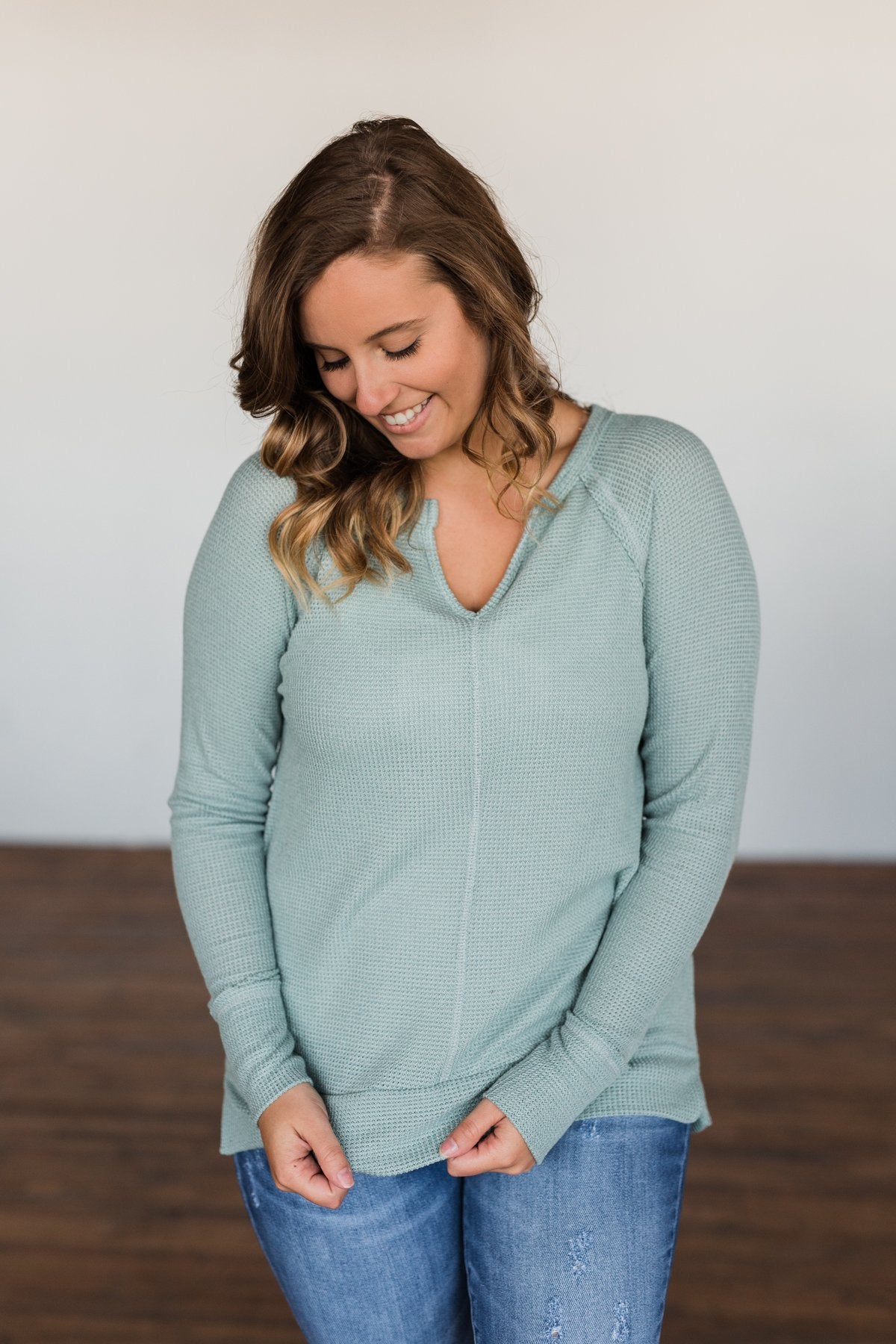 There You Go Again Thermal Notch Top- Dusty Sage