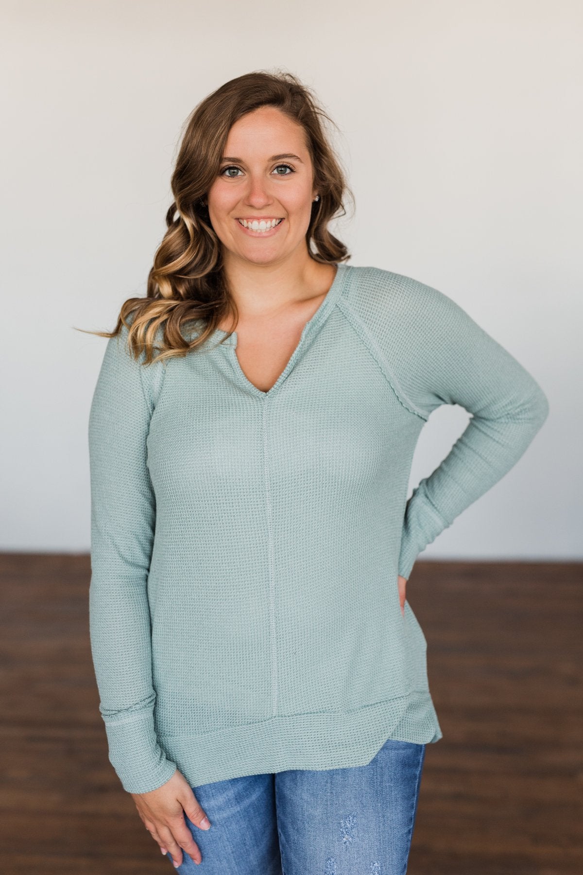 There You Go Again Thermal Notch Top- Dusty Sage