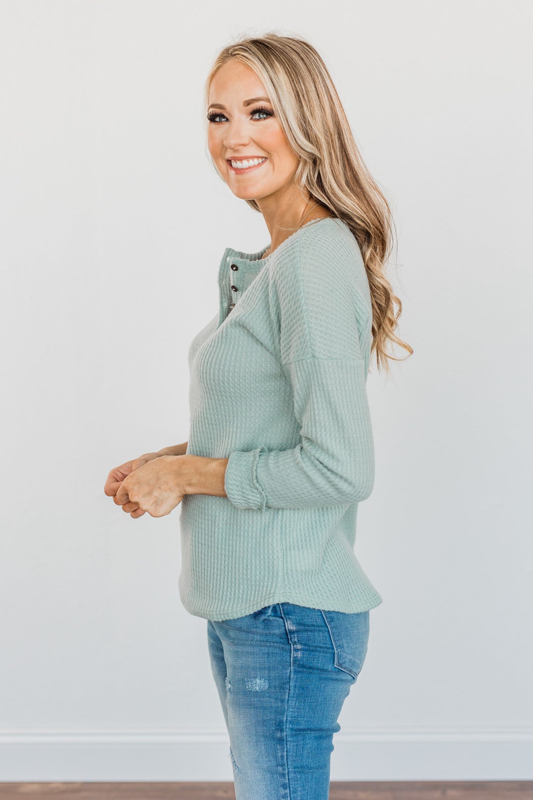 Happy Harvest Waffle Knit Button Top- Light Sage