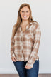 A Season To Behold Button Down Plaid Top- Oatmeal, Taupe & Mocha