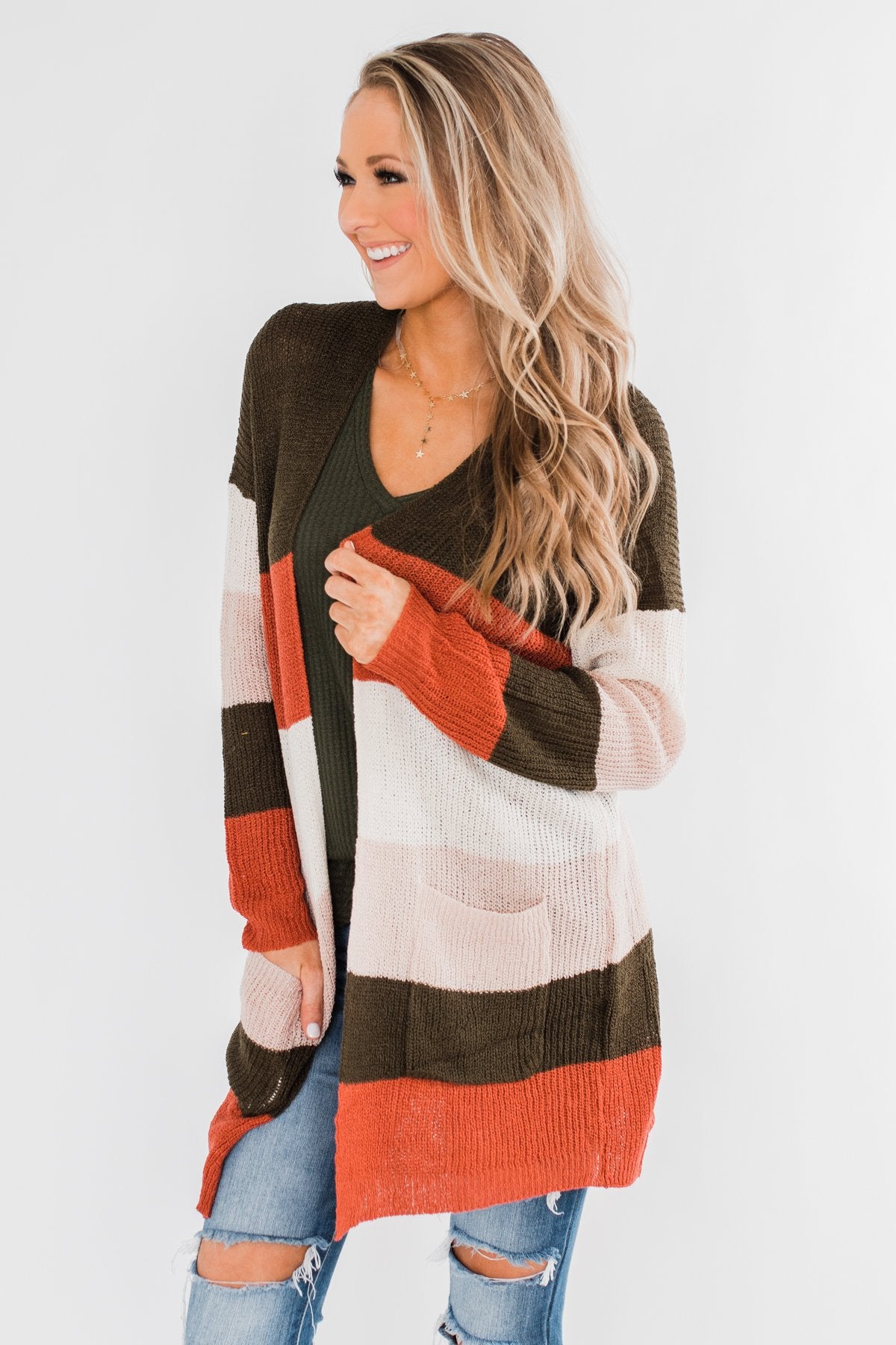 Long Knitted Color Block Cardigan- Forest Tones