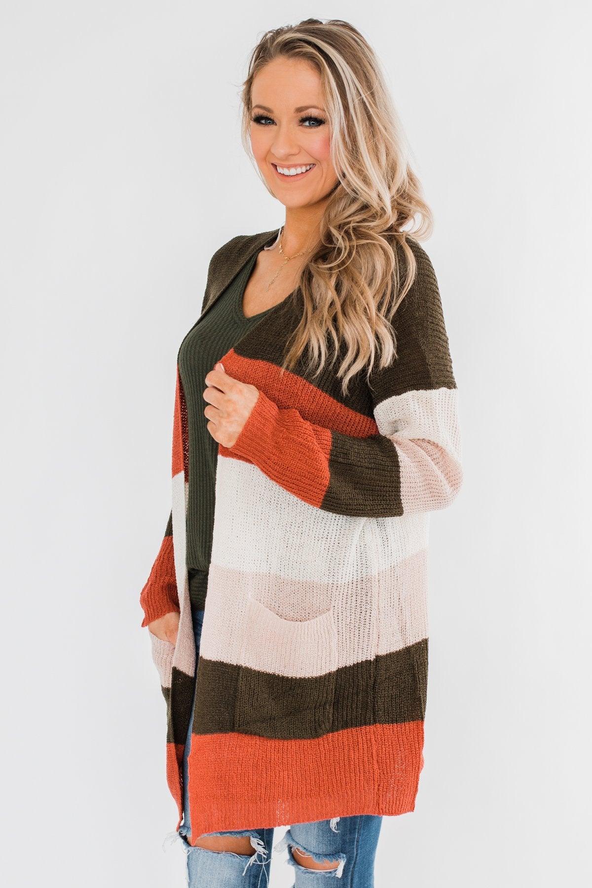 Long Knitted Color Block Cardigan- Forest Tones