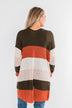 Long Knitted Color Block Cardigan- Forest Tones