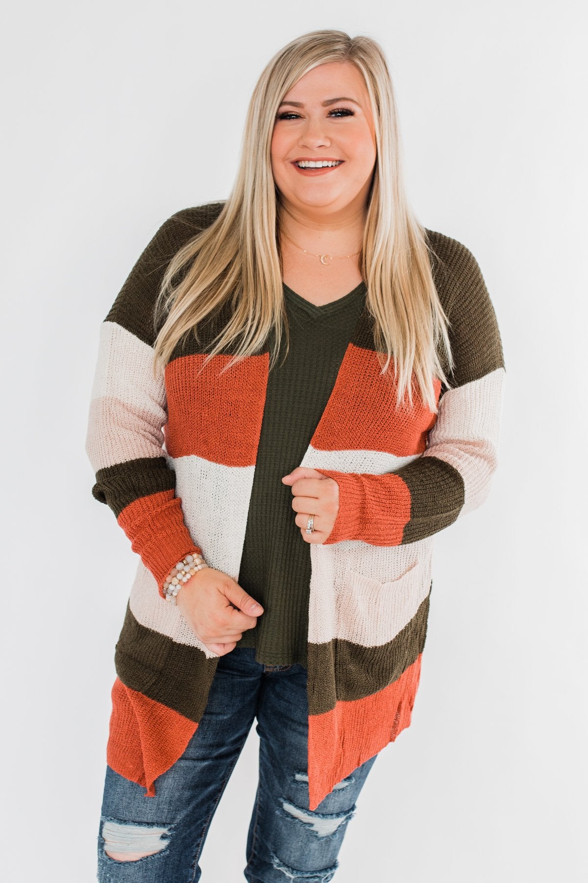 Long Knitted Color Block Cardigan- Forest Tones